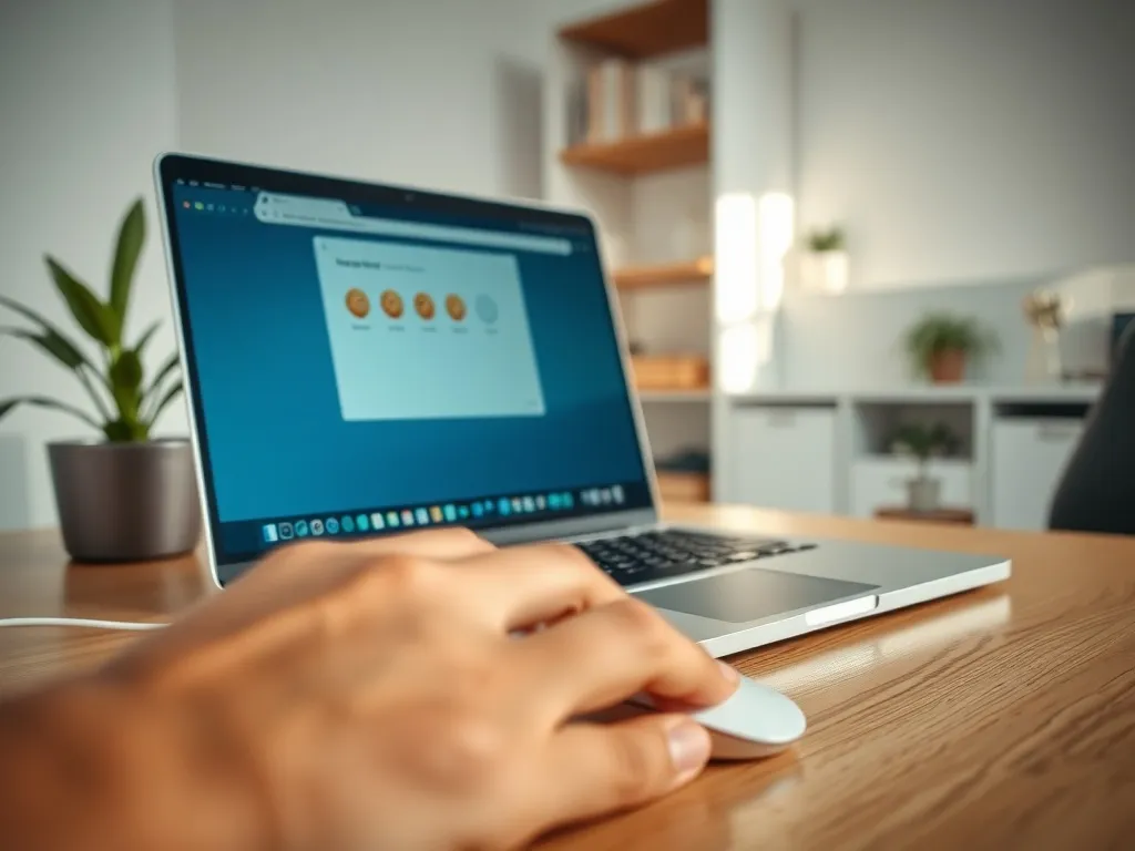 Laptop z otwartą przeglądarką pełną ikon ciasteczek, ilustrujący działanie i powiadomienia związane z plikami cookies.