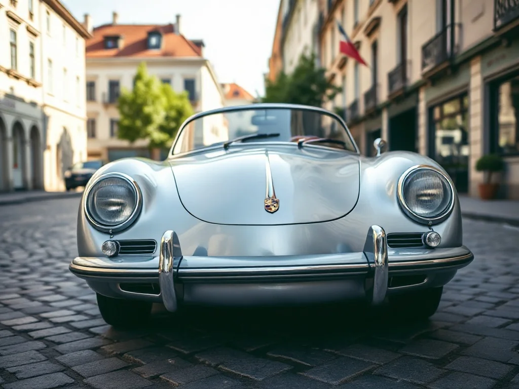 Klasyczne srebrne Porsche 356 na brukowanej ulicy, ukazane z przodu jako pierwsze historyczne auto marki Porsche