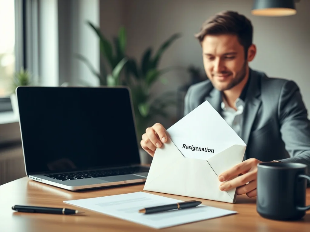 Spokojny profesjonalista zamyka laptop i wkłada wypowiedzenie do koperty w uporządkowanym, jasnym biurze.