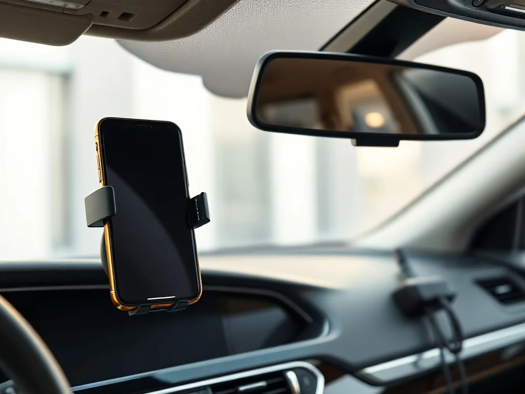 Nowoczesne wnętrze auta z uchwytem na smartfon, ładowarką bezprzewodową i kamerką, prezentujące praktyczne gadżety samochodowe.