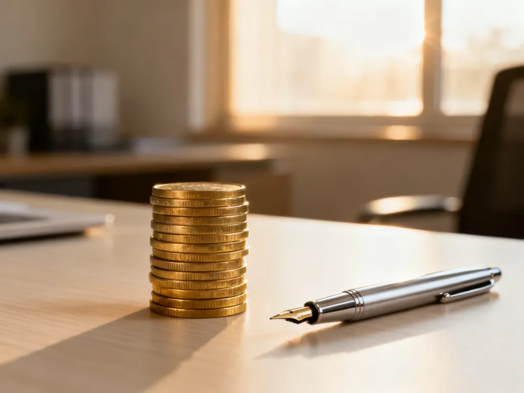 Stos monet i pióro na biurku, symbolizujące planowanie finansów i profesjonalne zarządzanie wynagrodzeniem.