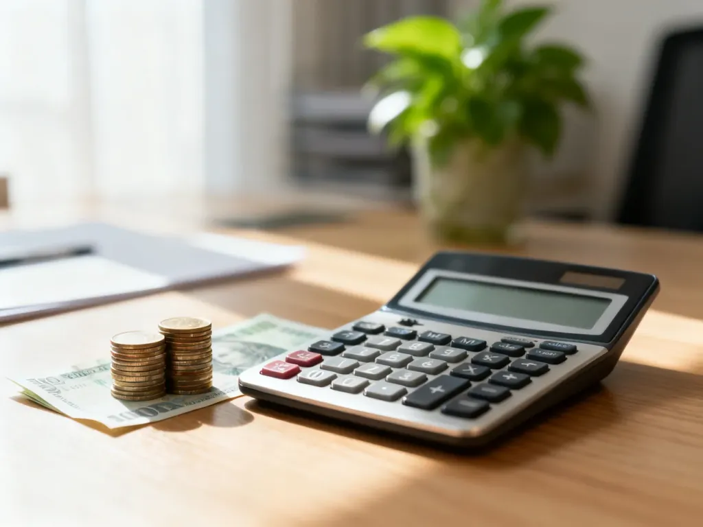 Kalkulator, monety i banknot na biurku, symbolizujące obliczanie wynagrodzenia i planowanie finansów.