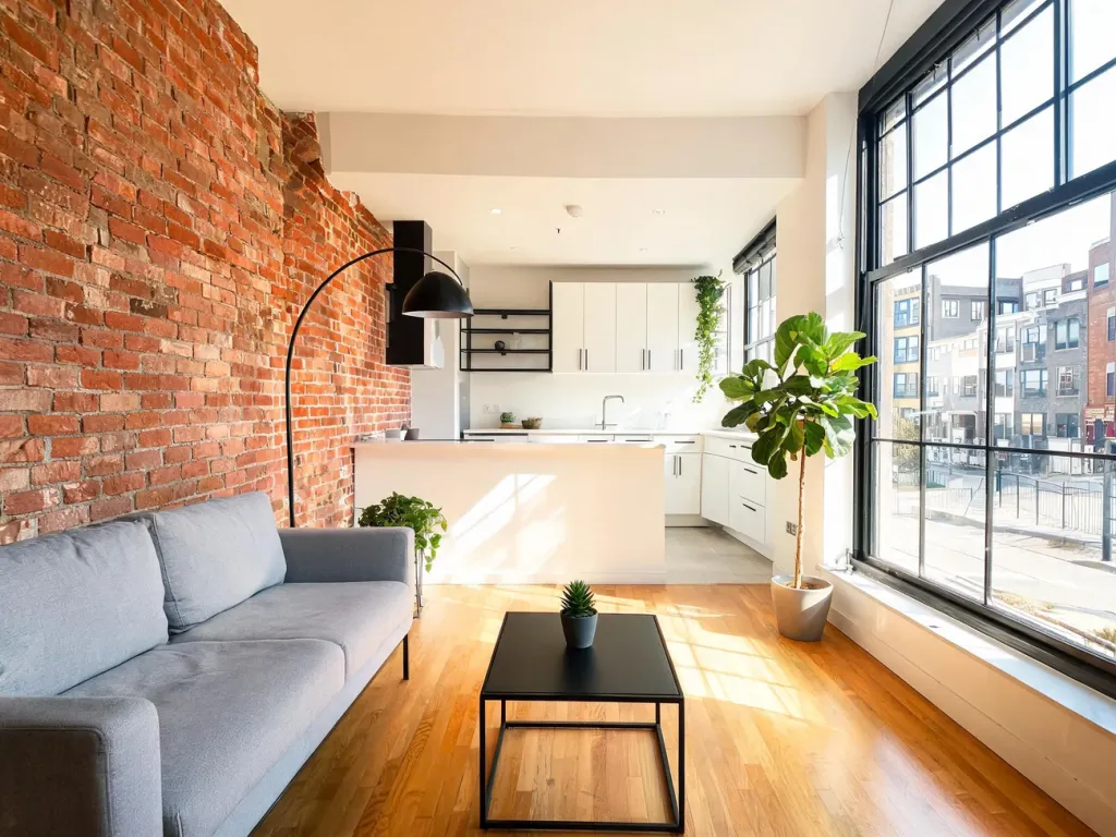 Jasny salon w bloku w stylu loft: ceglana ściana, industrialne okna, szara sofa, metalowy stolik i otwarta kuchnia w tle.