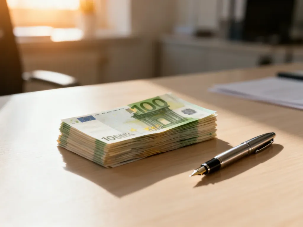 Stos pieniędzy i pióro wieczne na biurku, symbolizujące profesjonalne zarządzanie finansami i wynagrodzeniem.