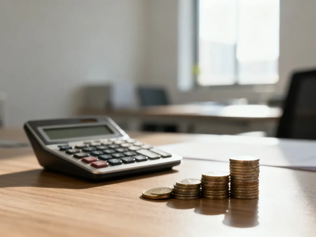Nowoczesne biurko z kalkulatorem i monetami, symbolizujące planowanie finansów i obliczenia wynagrodzenia.