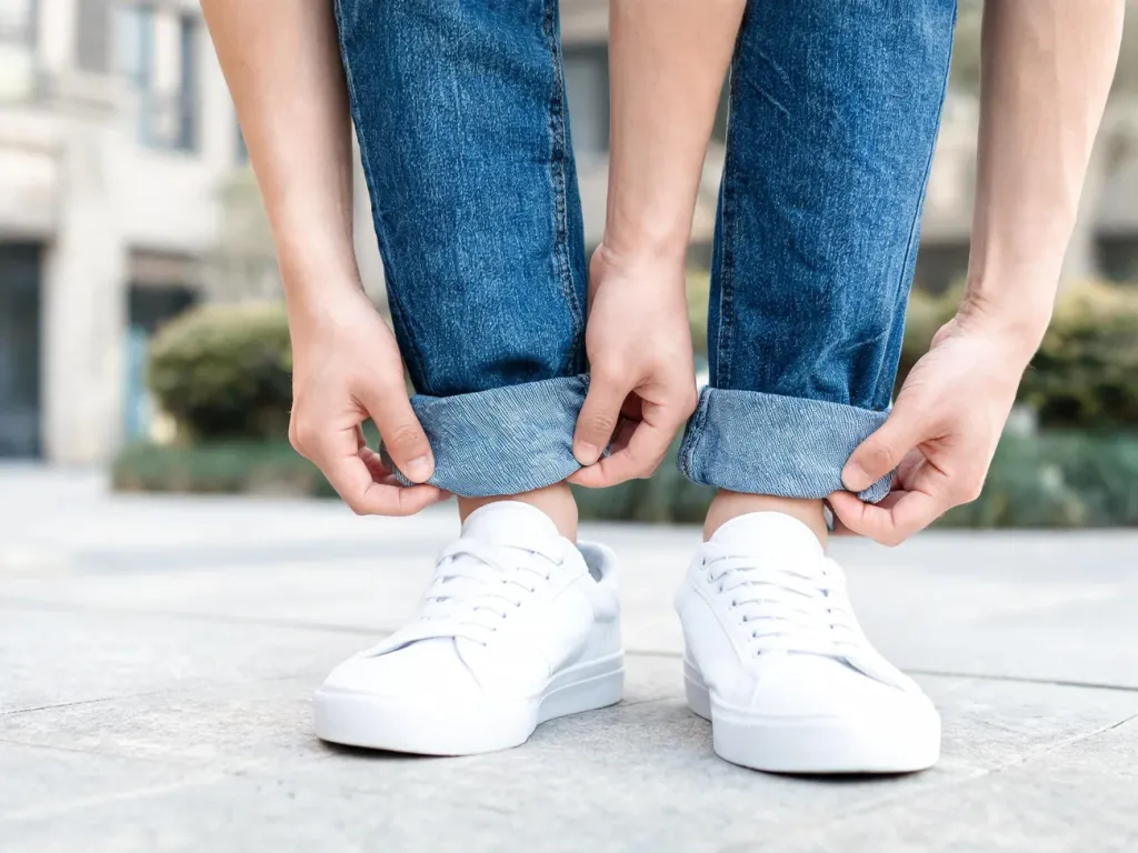 Osoba starannie podwija nogawki klasycznych niebieskich jeansów nad białymi sneakersami, pokazując estetyczny sposób mankietowania.