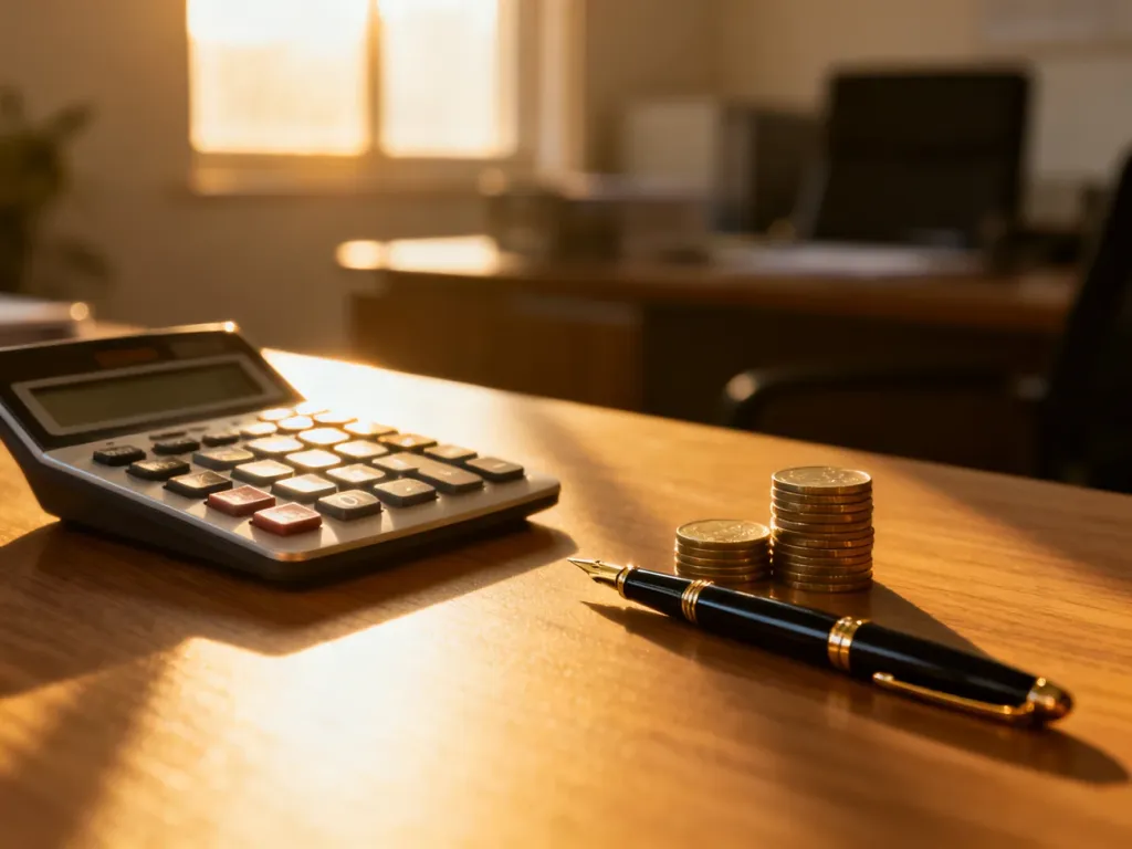 Profesjonalne biurko z kalkulatorem i monetami, symbolizujące planowanie finansów i obliczanie wynagrodzenia.