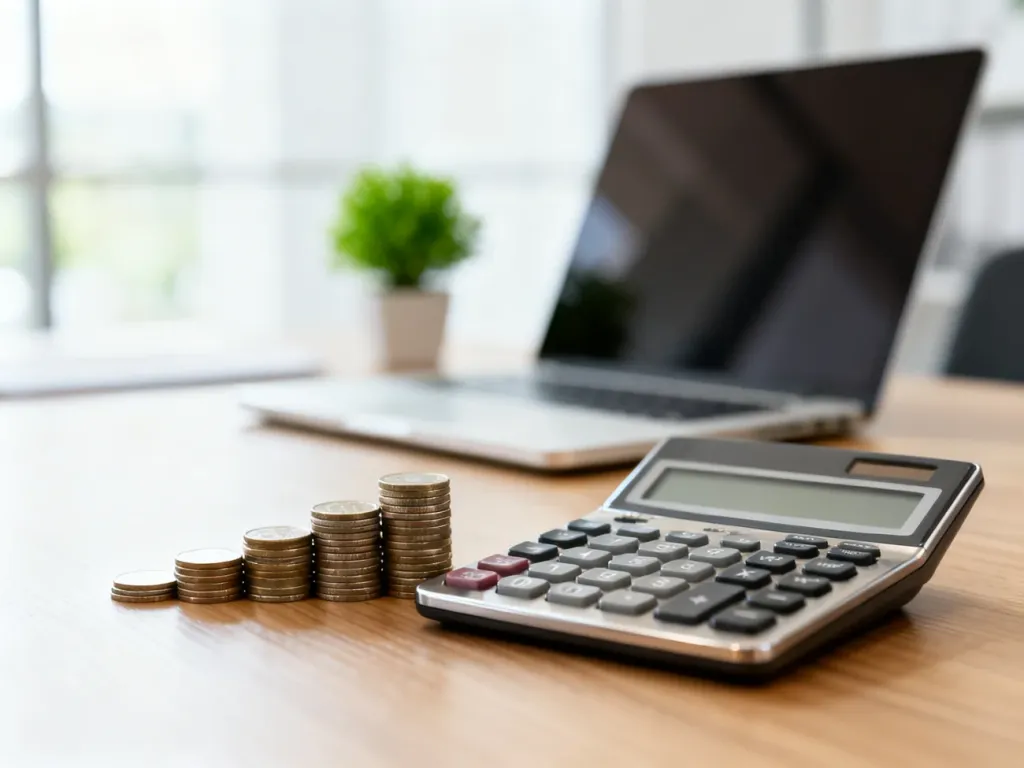 Kalkulator i monety na biurku, symbolizujące obliczenia wynagrodzenia netto i planowanie finansów.