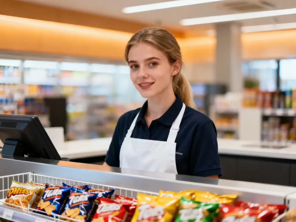 Młoda pracownica w fartuchu stoi za ladą w nowoczesnym sklepie typu convenience.