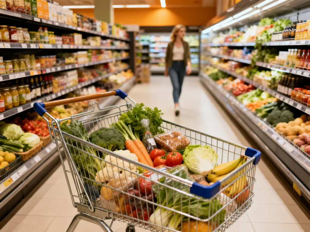Wnętrze nowoczesnego sklepu spożywczego z wózkiem pełnym zakupów i alejkami wypełnionymi produktami.