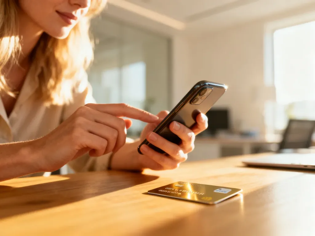 Kobieta sprawdza aplikację bankową na smartfonie przy biurku z kartą płatniczą, co ułatwia weryfikację numeru IBAN.