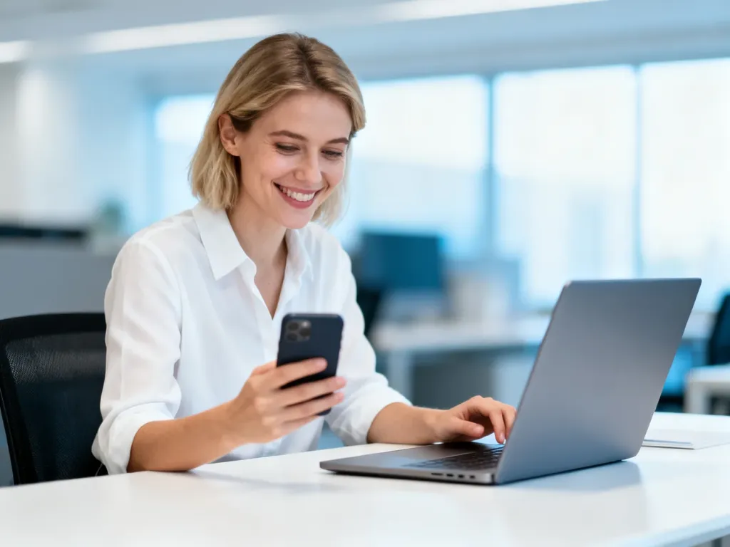 Kobieta zadowolona z obsługi bankowości mobilnej na laptopie i smartfonie w nowoczesnym biurze.