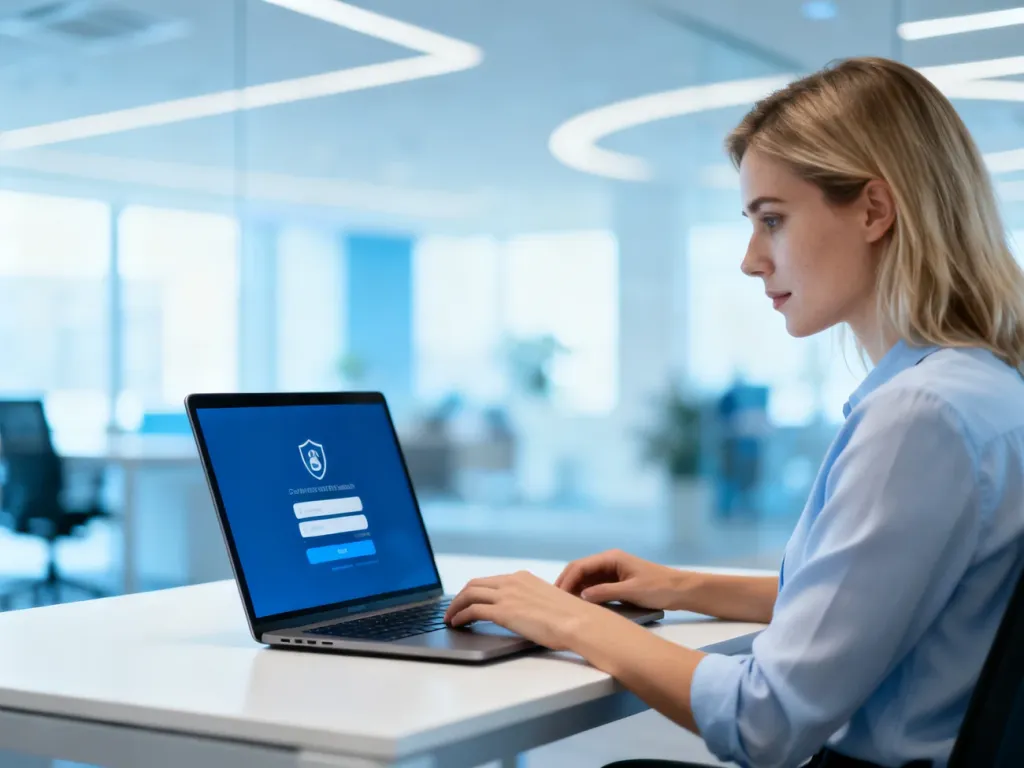 Kobieta pracująca przy laptopie w nowoczesnym biurze, logująca się do platformy Motivizer.