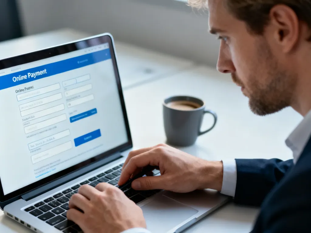 Mężczyzna wypełniający formularz płatności online na laptopie, ilustrujący proces podawania adresu rozliczeniowego.