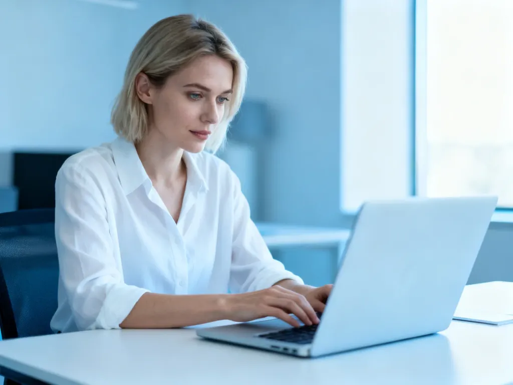 Kobieta pracująca przy laptopie w nowoczesnym biurze, symbolizująca obsługę systemów elektronicznych PFRON.