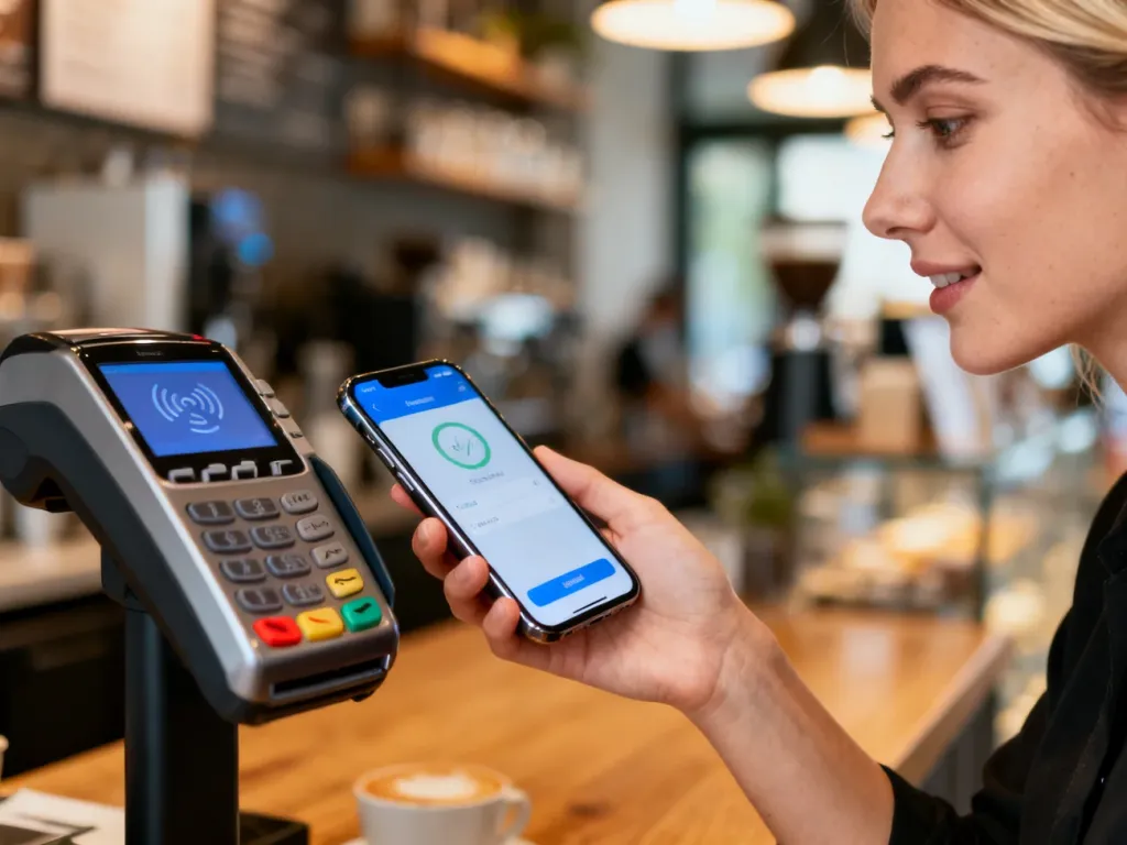 Kobieta płaci zbliżeniowo smartfonem przy terminalu w kawiarni, korzystając z aplikacji Samsung Wallet.