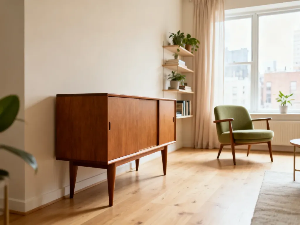 Jasny, przytulny salon w małym mieszkaniu z minimalistycznymi meblami z lat 60., które optycznie powiększają przestrzeń, no text on the picture