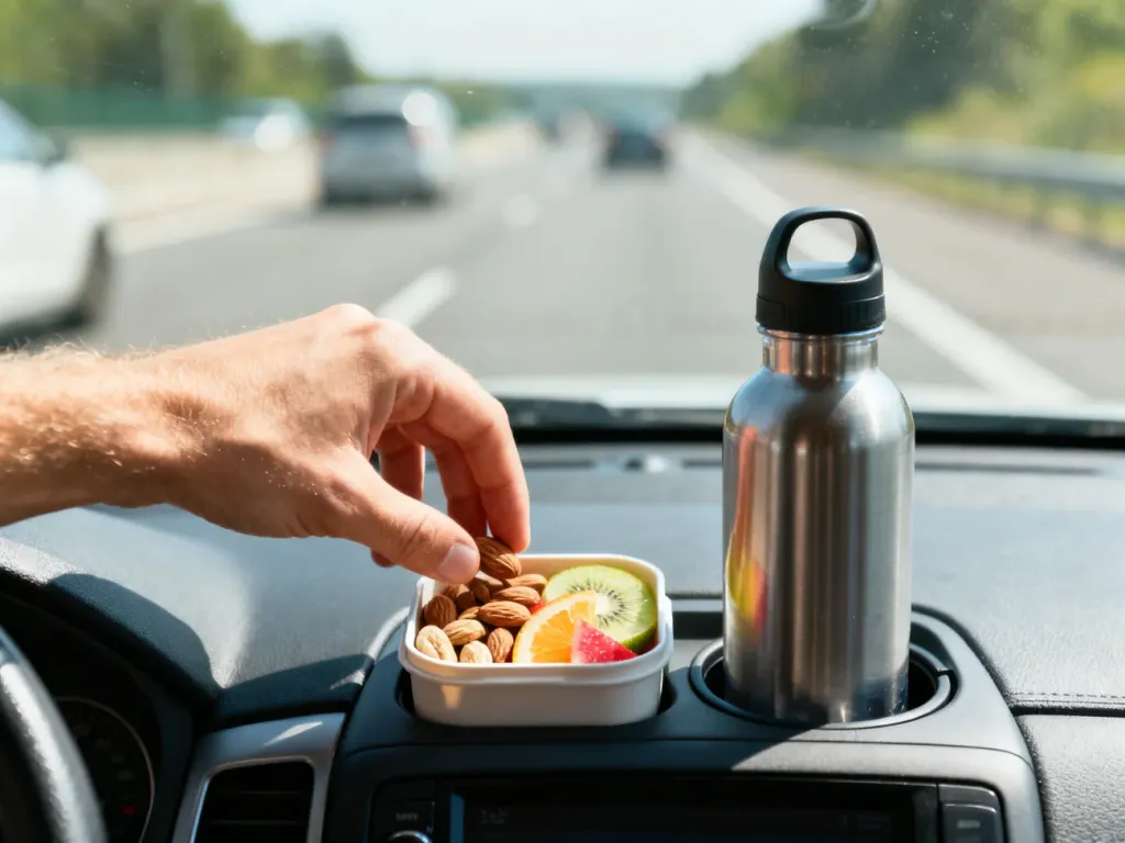 Kierowca sięga po pudełko z orzechami i owocami oraz butelkę wody podczas jazdy autostradą, no text on the picture