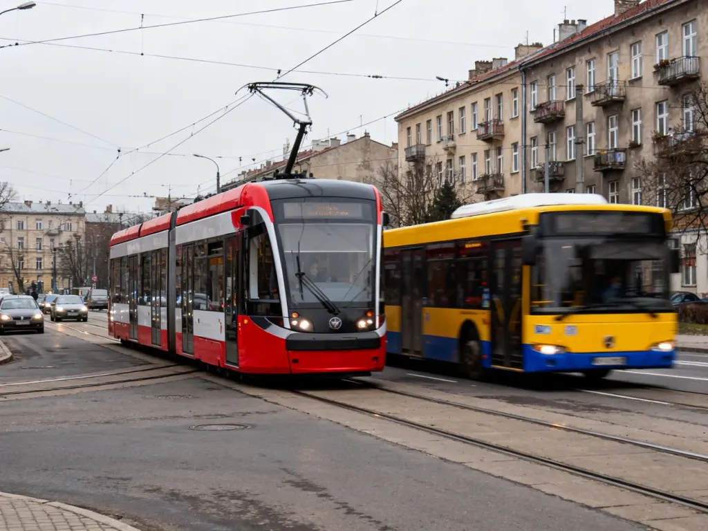 Nowoczesny tramwaj i autobus na ruchliwej ulicy Łodzi, pokazujące działanie komunikacji miejskiej, no text on the picture