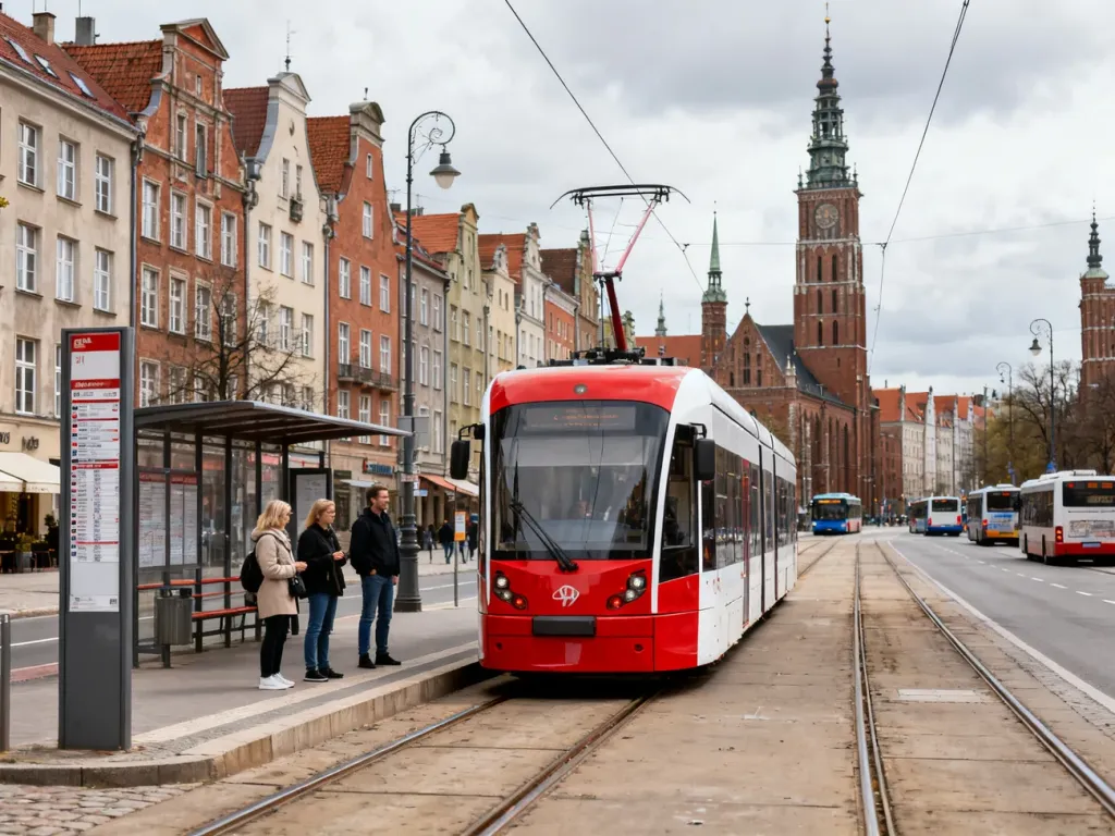 Nowoczesny tramwaj na ulicy w Gdańsku przy przystanku z pasażerami, w tle historyczne kamienice i kościoły, no text on the picture