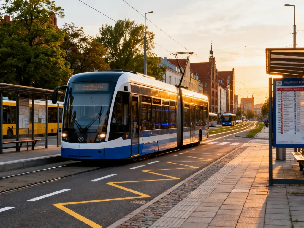 Nowoczesny tramwaj i autobus na uporządkowanym przystanku w Gdańsku, podkreślające sprawną, dostępną komunikację miejską. No text on the picture